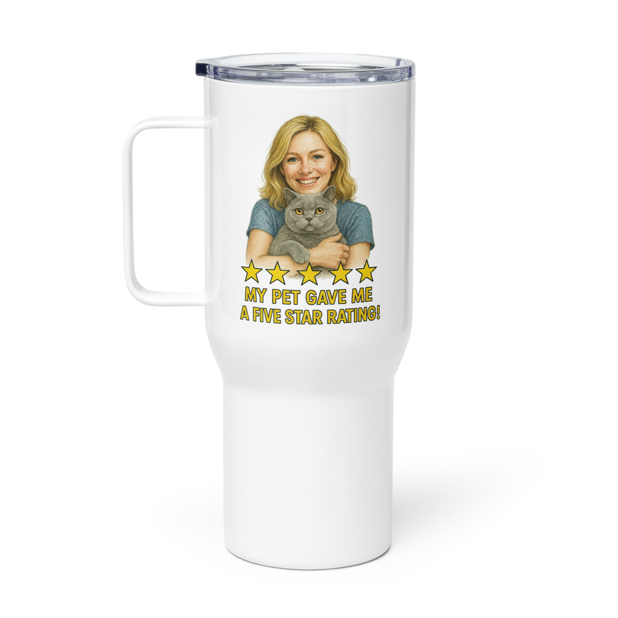Blonde Woman with British Shorthair Cat Travel Mug