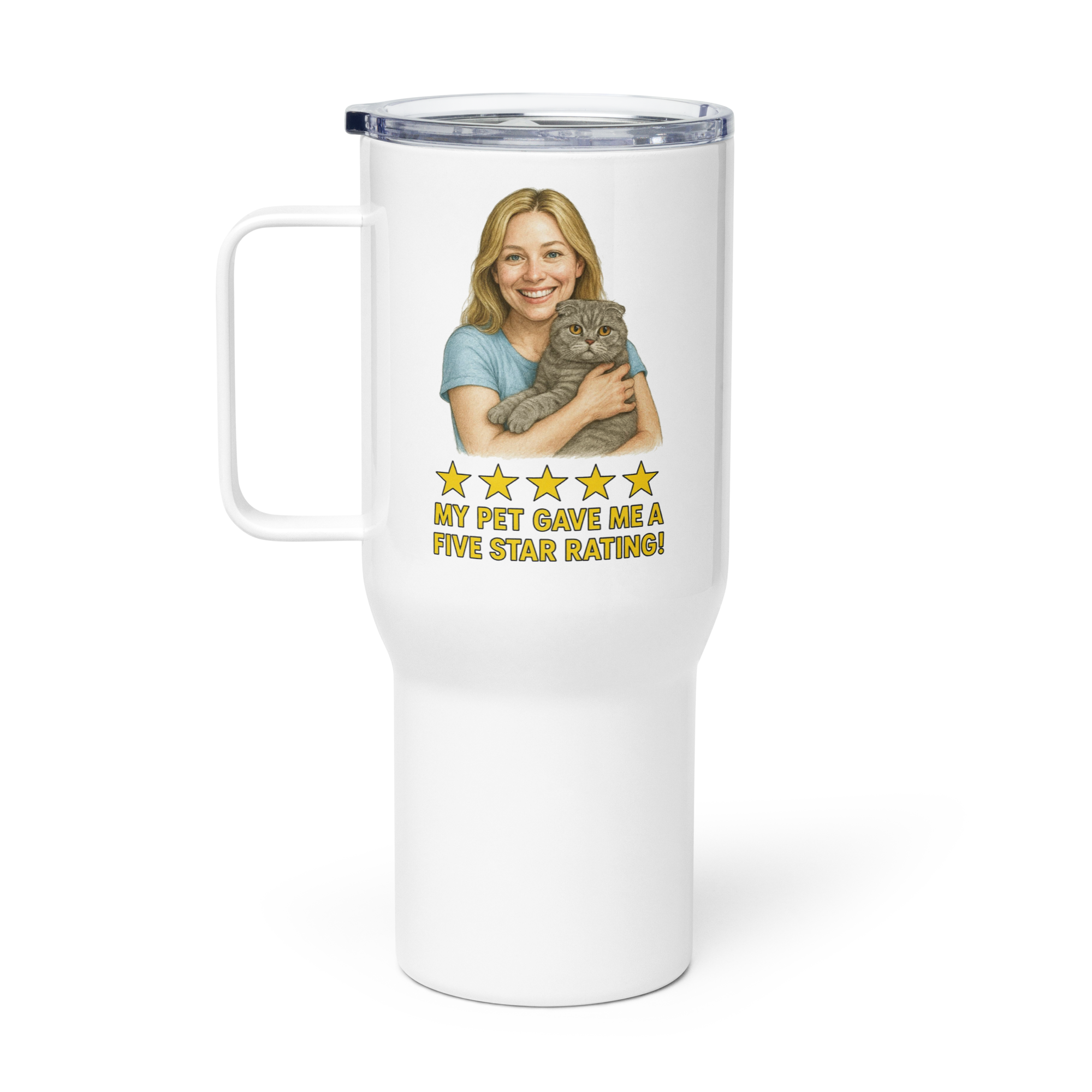 Blonde Woman with Scottish Fold Cat Travel Mug