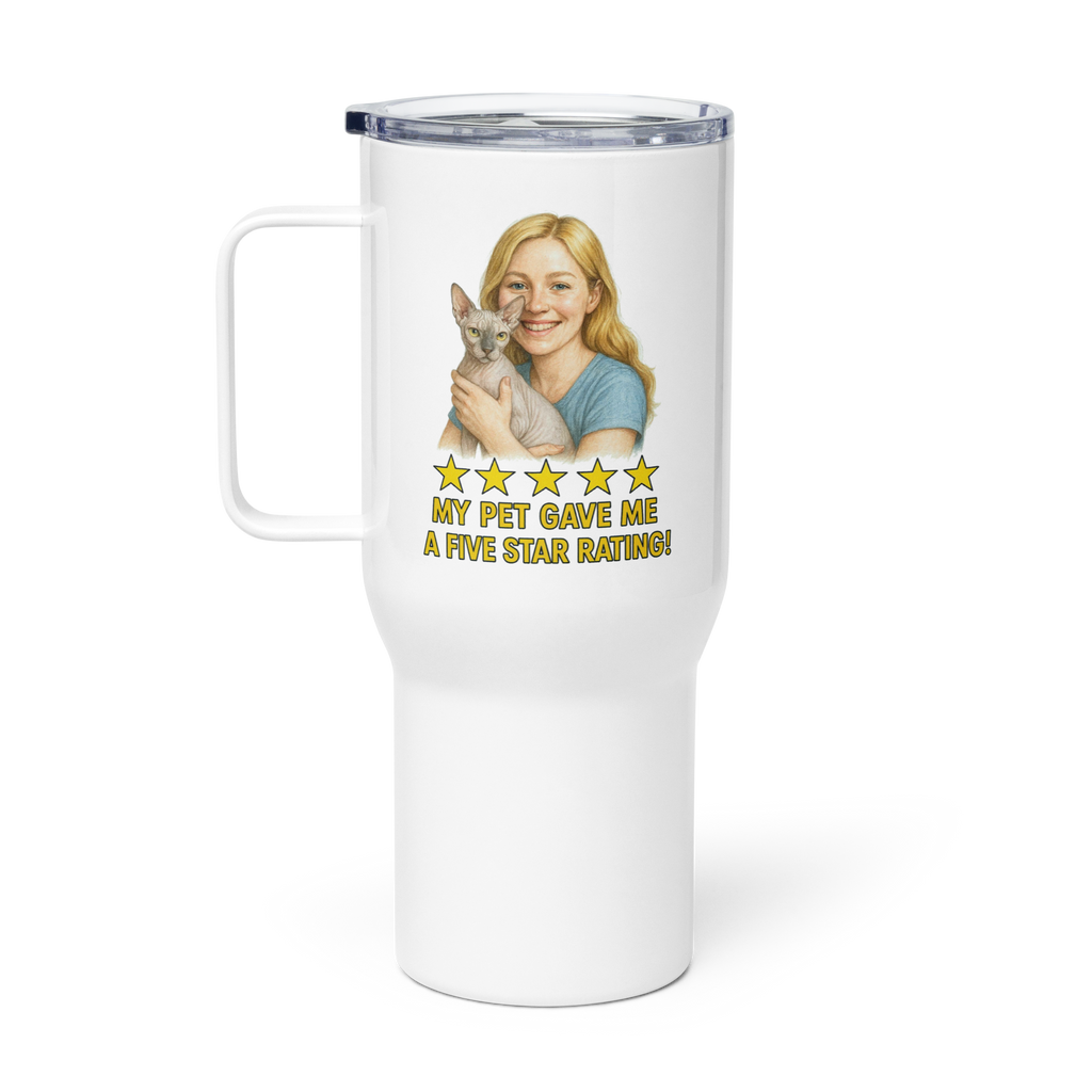 Blonde Woman with Sphynx Cat Travel Mug
