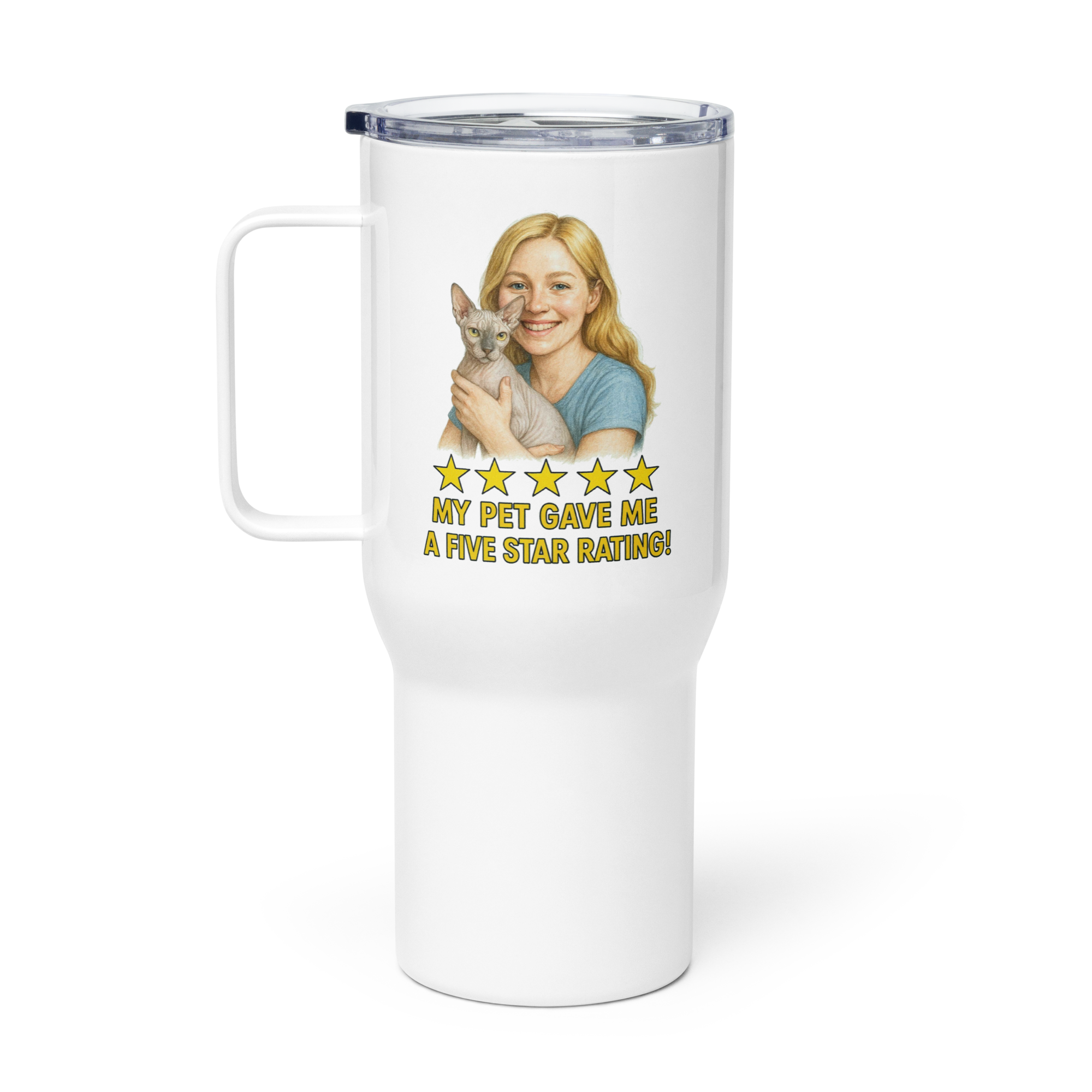 Blonde Woman with Sphynx Cat Travel Mug