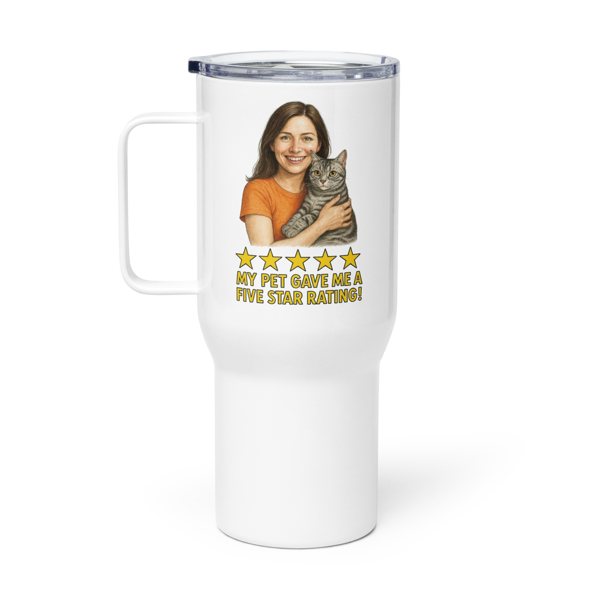 Brunette Woman with American Shorthair Cat Travel Mug