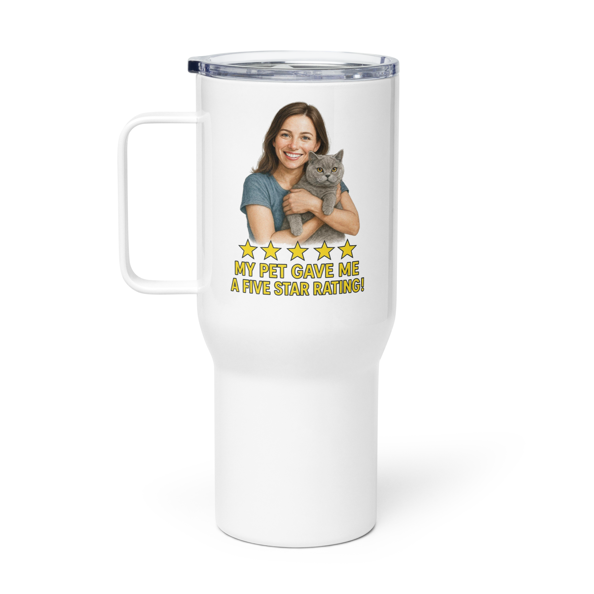 Brunette Woman with British Shorthair Cat Travel Mug