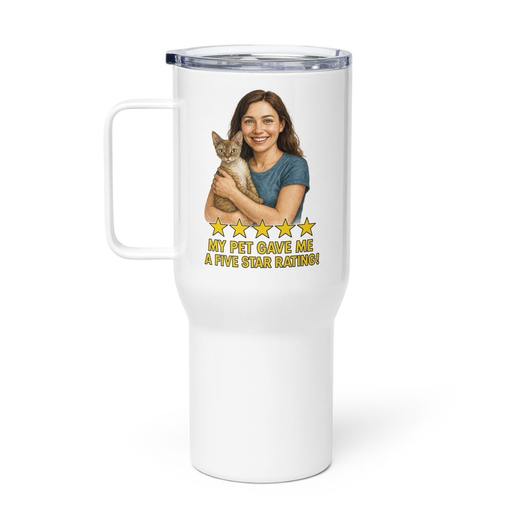 Brunette Woman with Devon Rex Cat Travel Mug