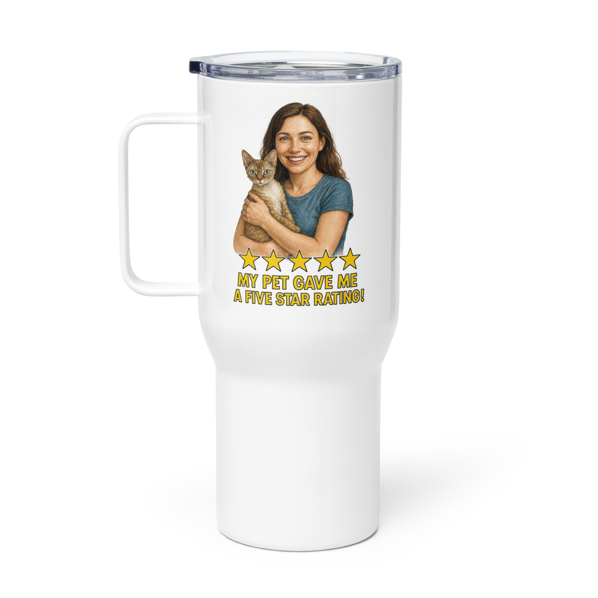 Brunette Woman with Devon Rex Cat Travel Mug