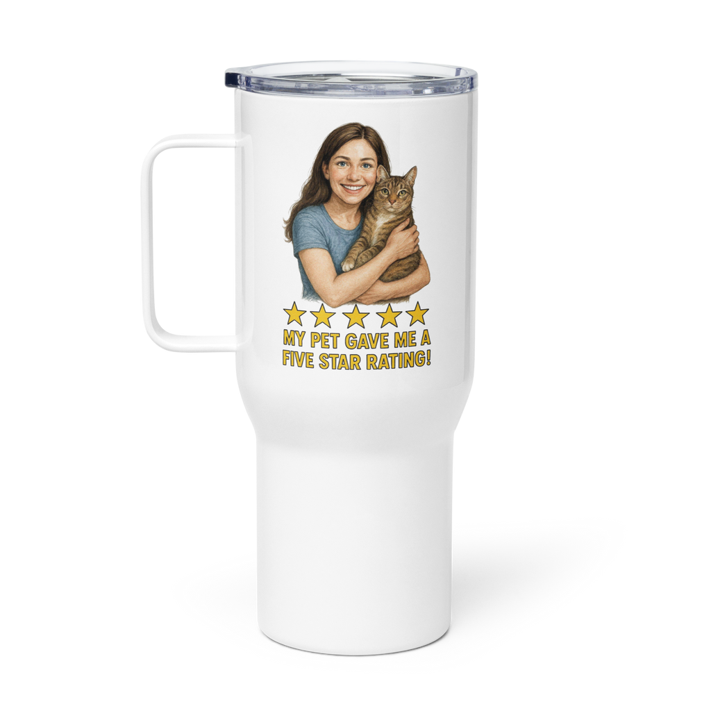 Brunette Woman with Domestic Shorthair Cat Travel Mug