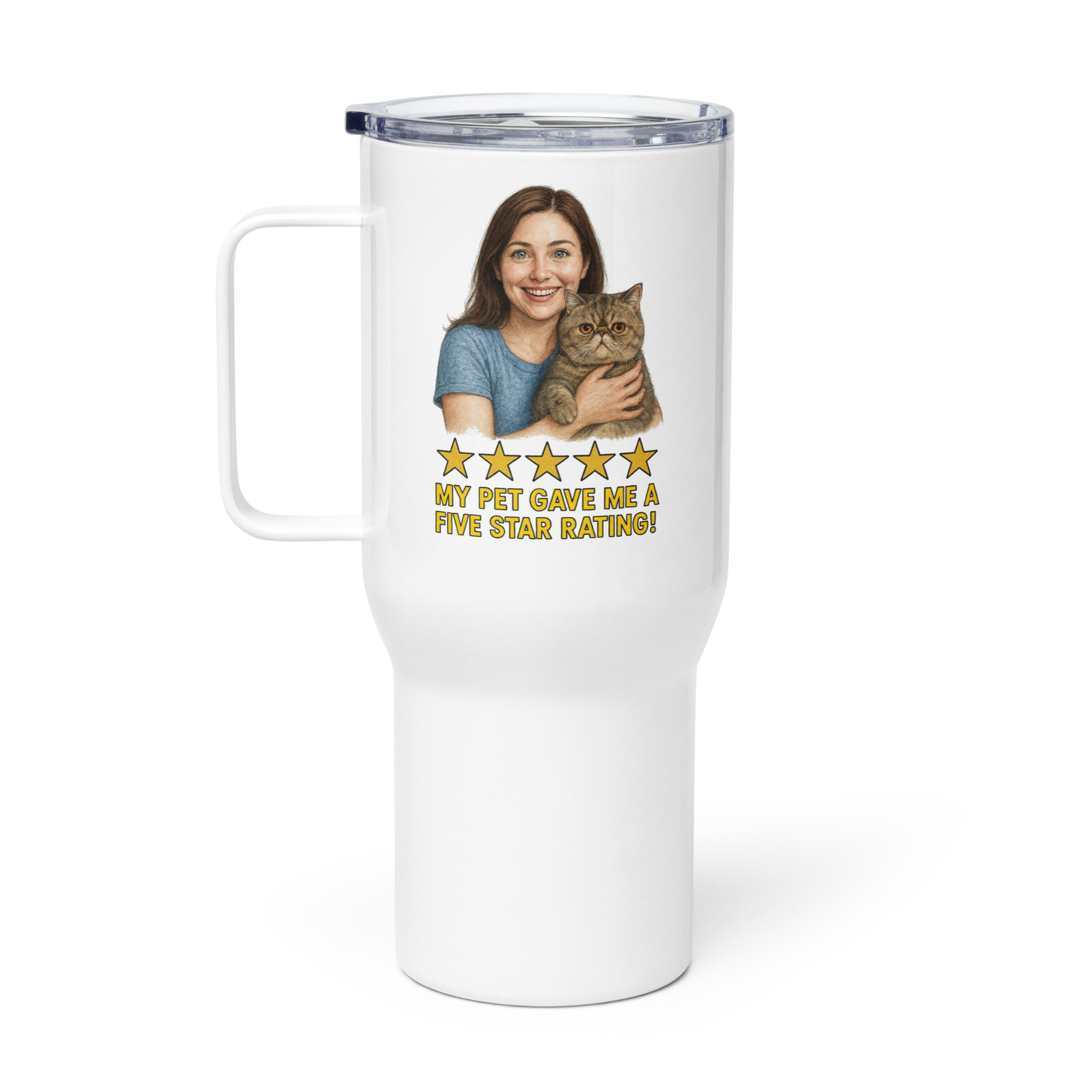Brunette Woman with Exotic Shorthair Cat Travel Mug