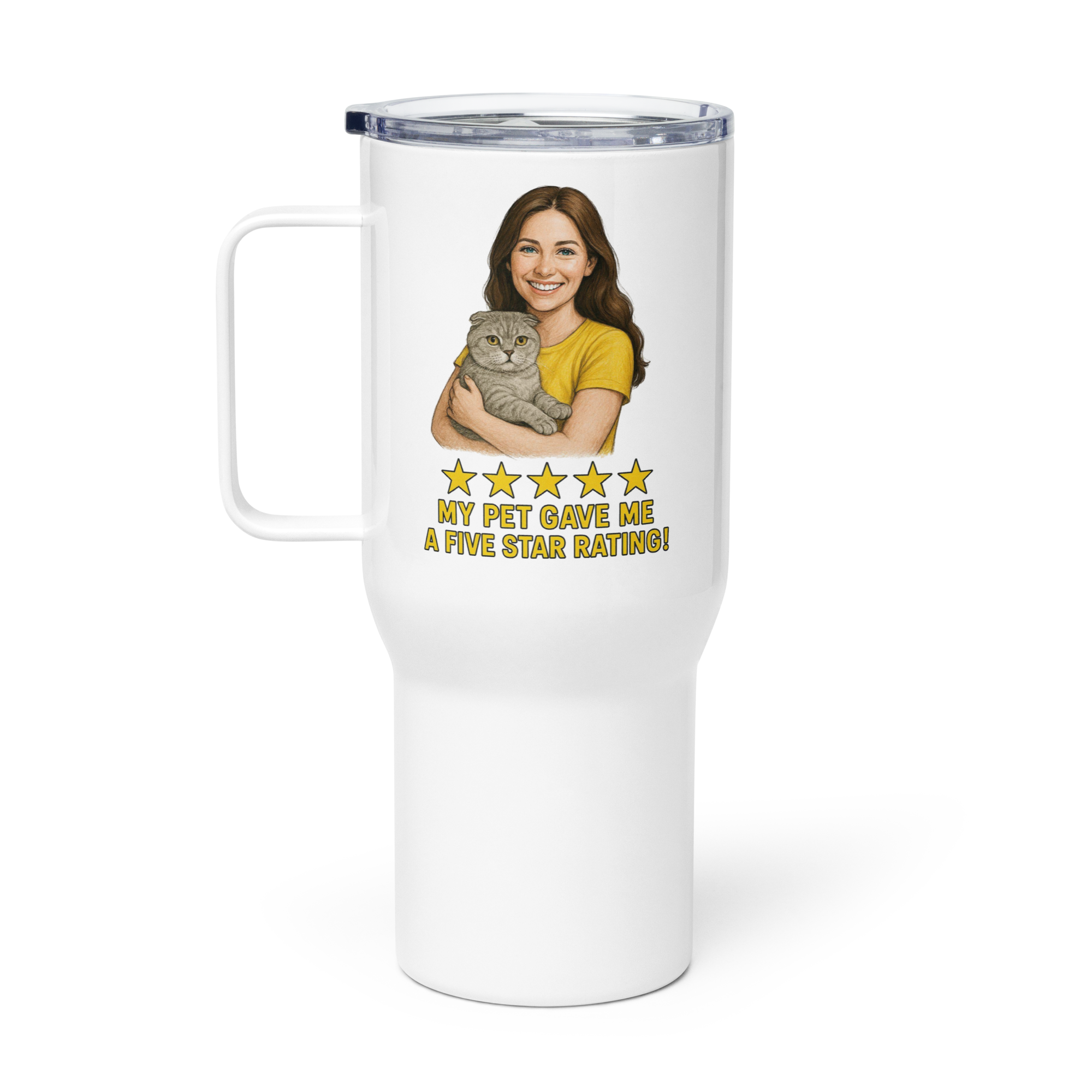 Brunette Woman with Scottish Fold Cat Travel Mug