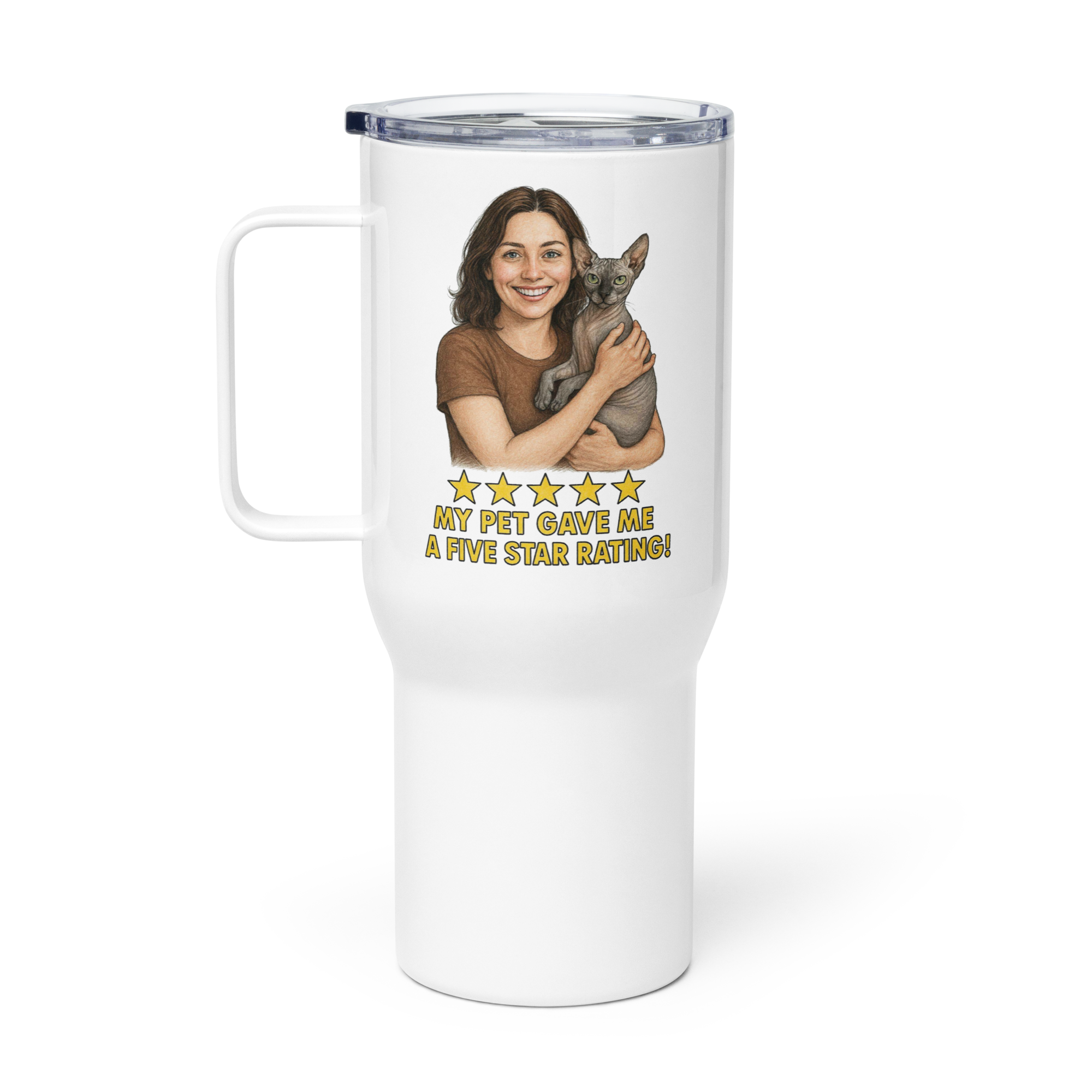 Brunette Woman with Sphynx Cat Travel Mug