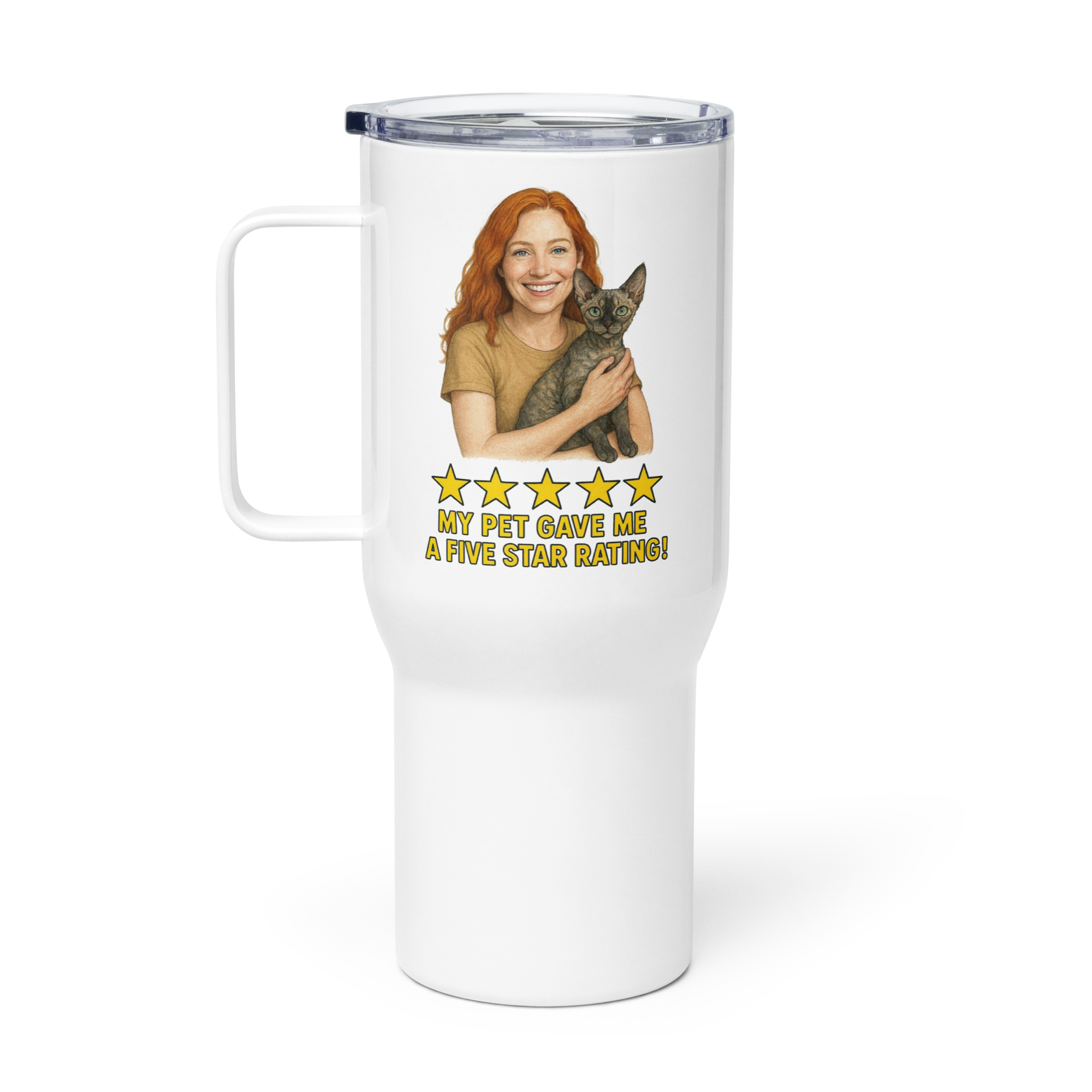 Red Hair Woman with Devon Rex Cat Travel Mug