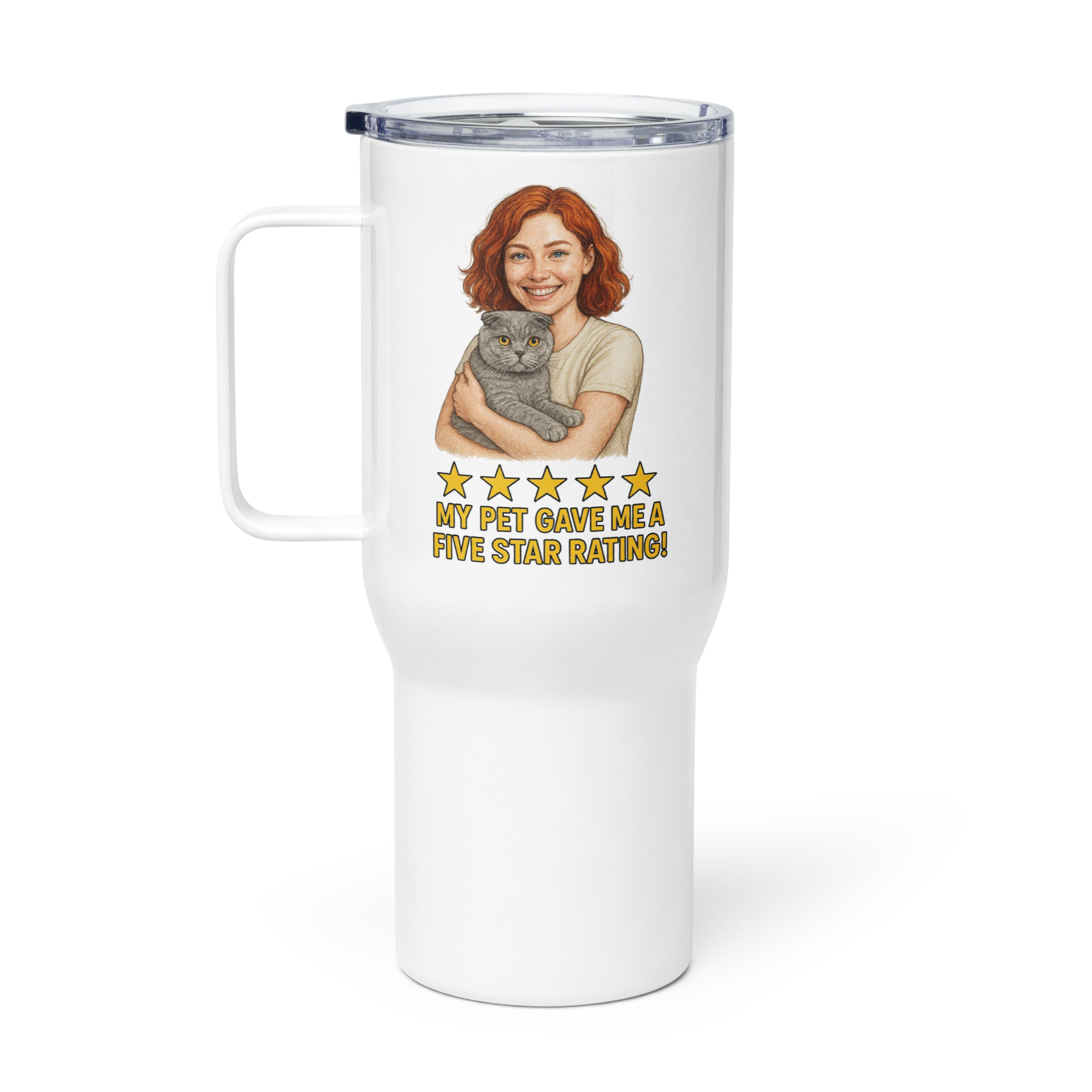Red Hair Woman with Scottish Fold Cat Travel Mug