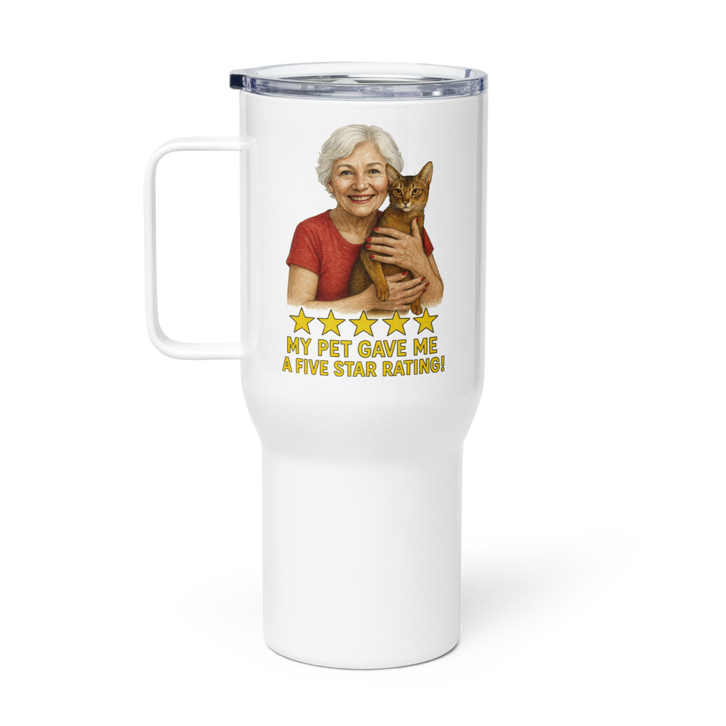 Salt & Pepper Woman with Abyssinian Cat RED Travel Mug