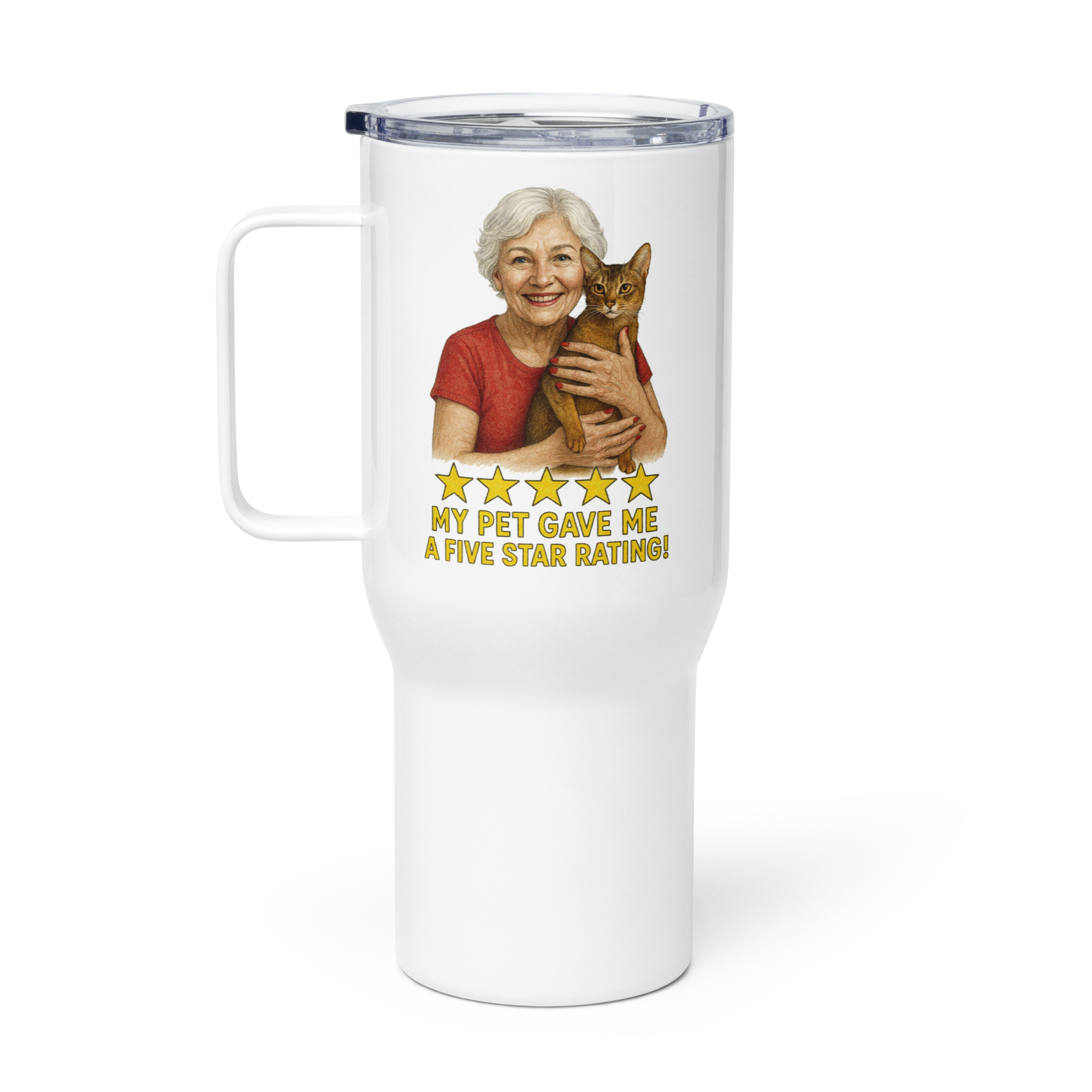 Salt & Pepper Woman with Abyssinian Cat RED Travel Mug