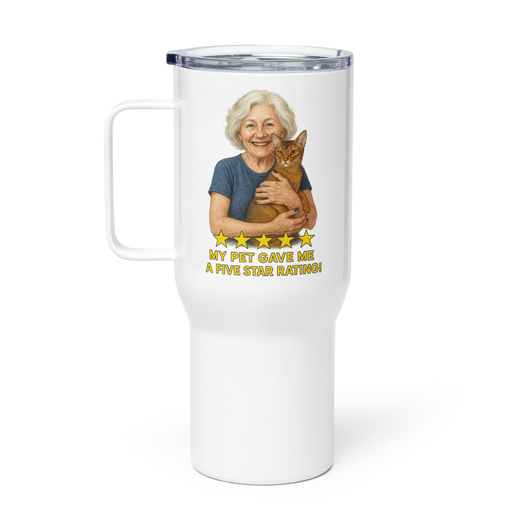 Salt & Pepper Woman with Abyssinian Cat BLUE Travel Mug
