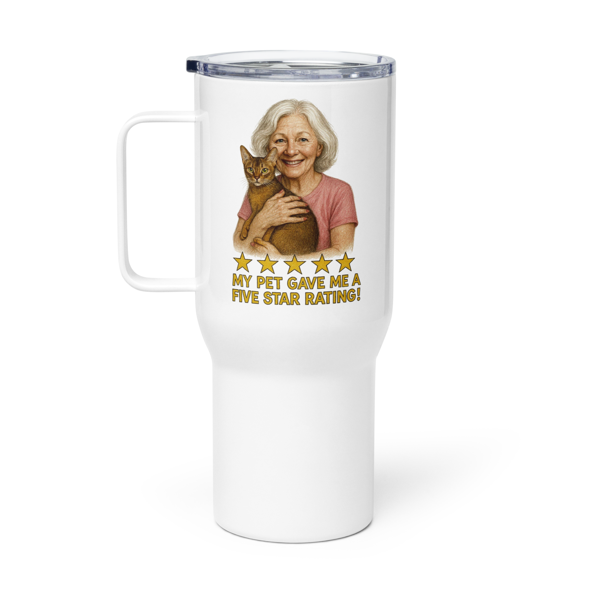 Salt & Pepper Woman with Abyssinian Cat PINK Travel Mug