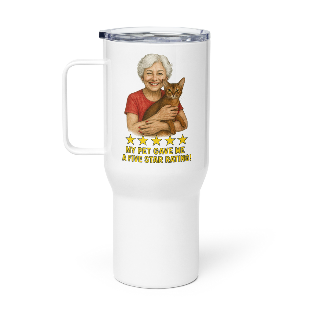 White Hair Woman with Abyssinian Cat RED Travel Mug