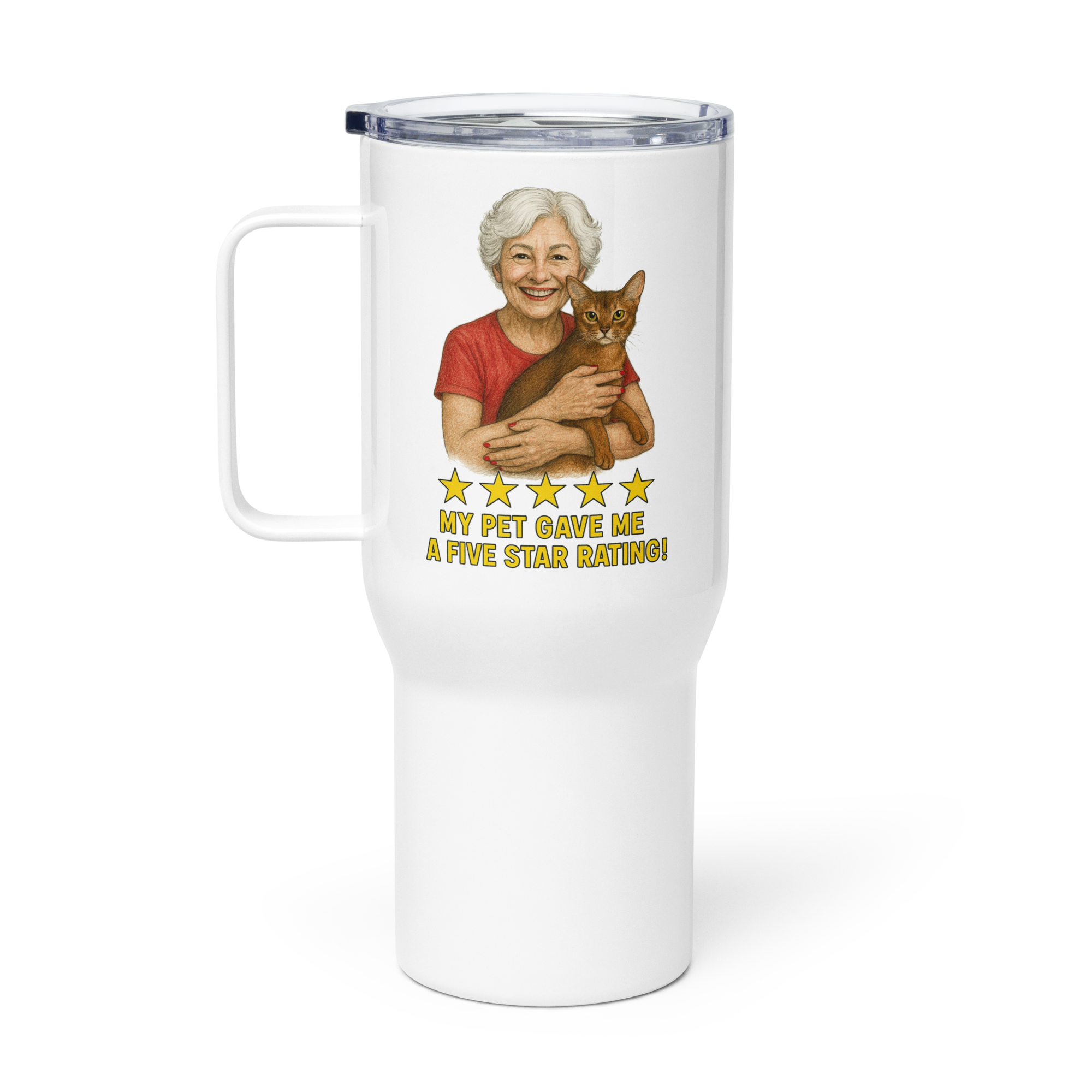 White Hair Woman with Abyssinian Cat RED Travel Mug