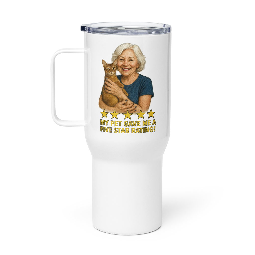 White Hair Woman with Abyssinian Cat BLUE Travel Mug