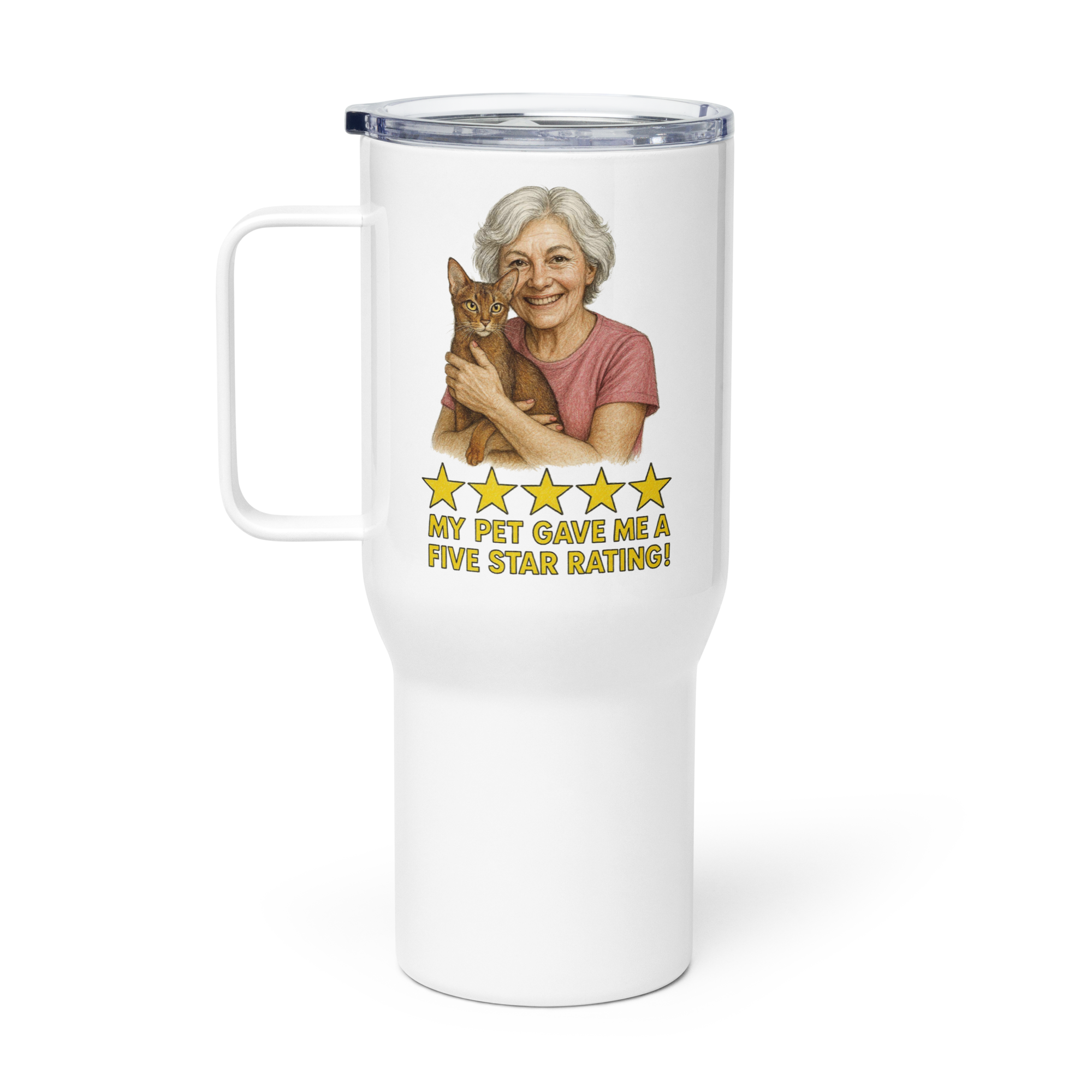 White Hair Woman with Abyssinian Cat PINK Travel Mug