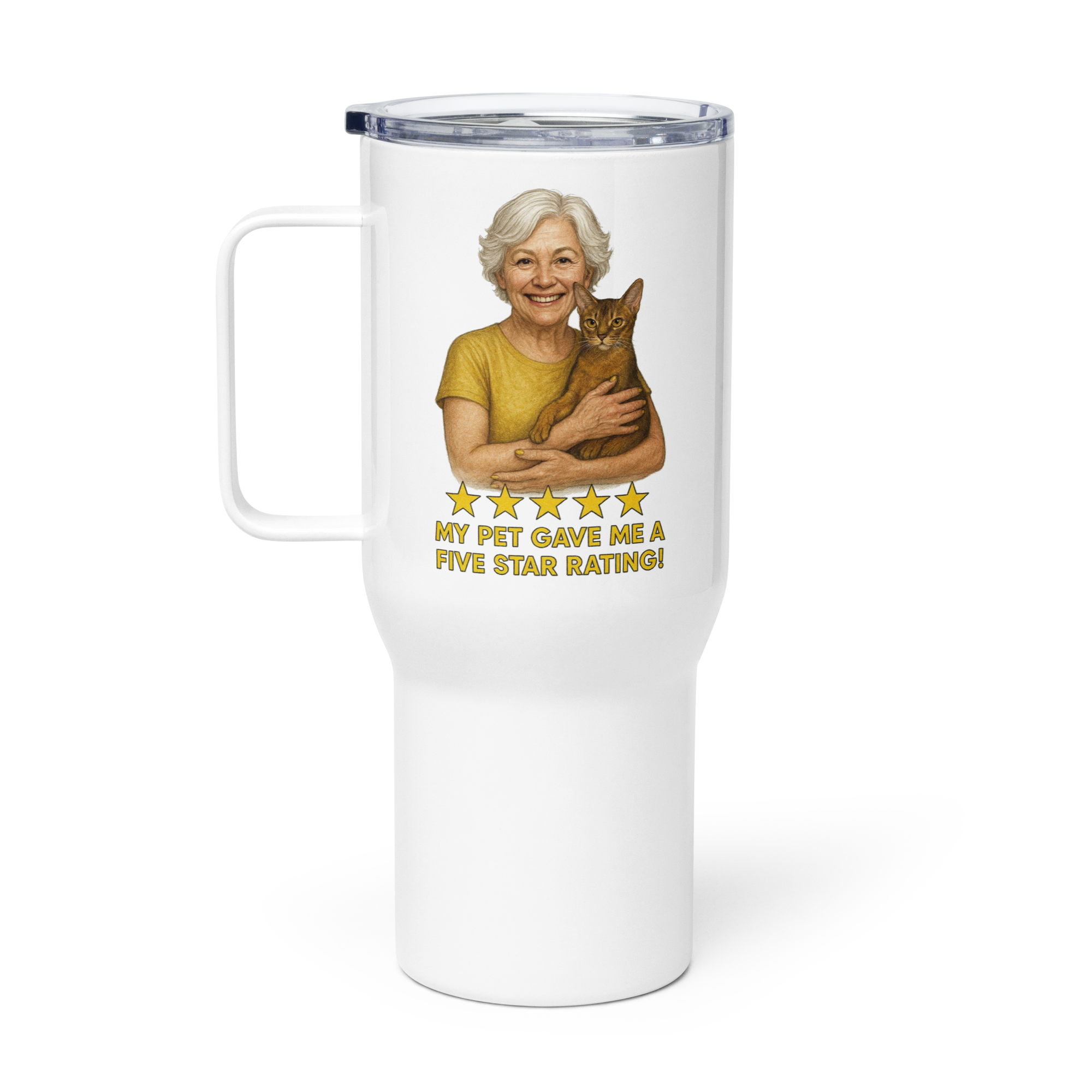 White Hair Woman with Abyssinian Cat GOLD Travel Mug