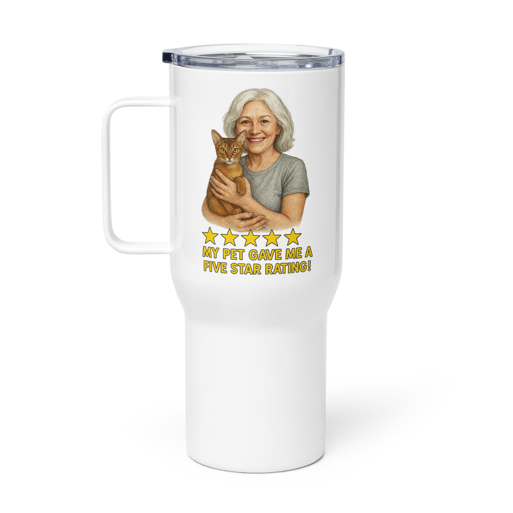 White Hair Woman with Abyssinian Cat SILVER Travel Mug