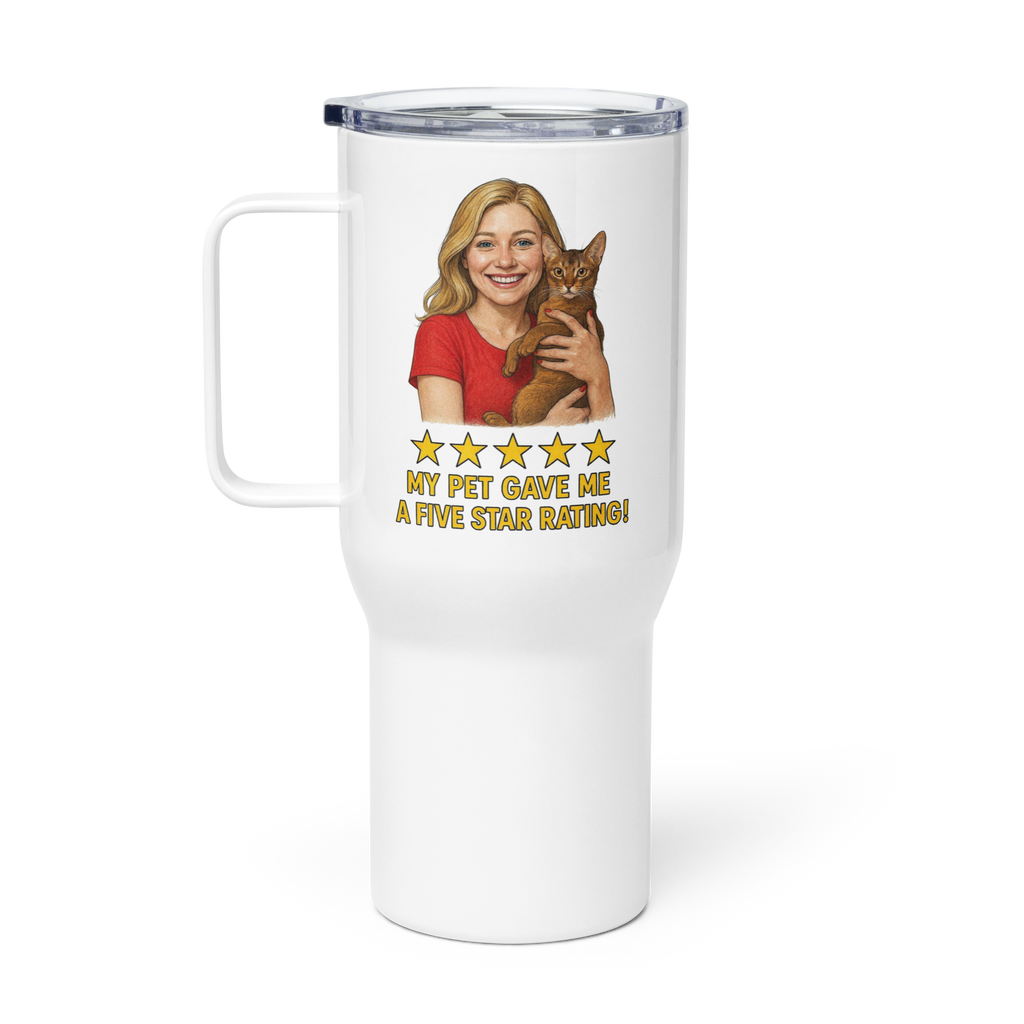 Blonde Woman RED Shirt with Abyssinian Cat Travel Mug
