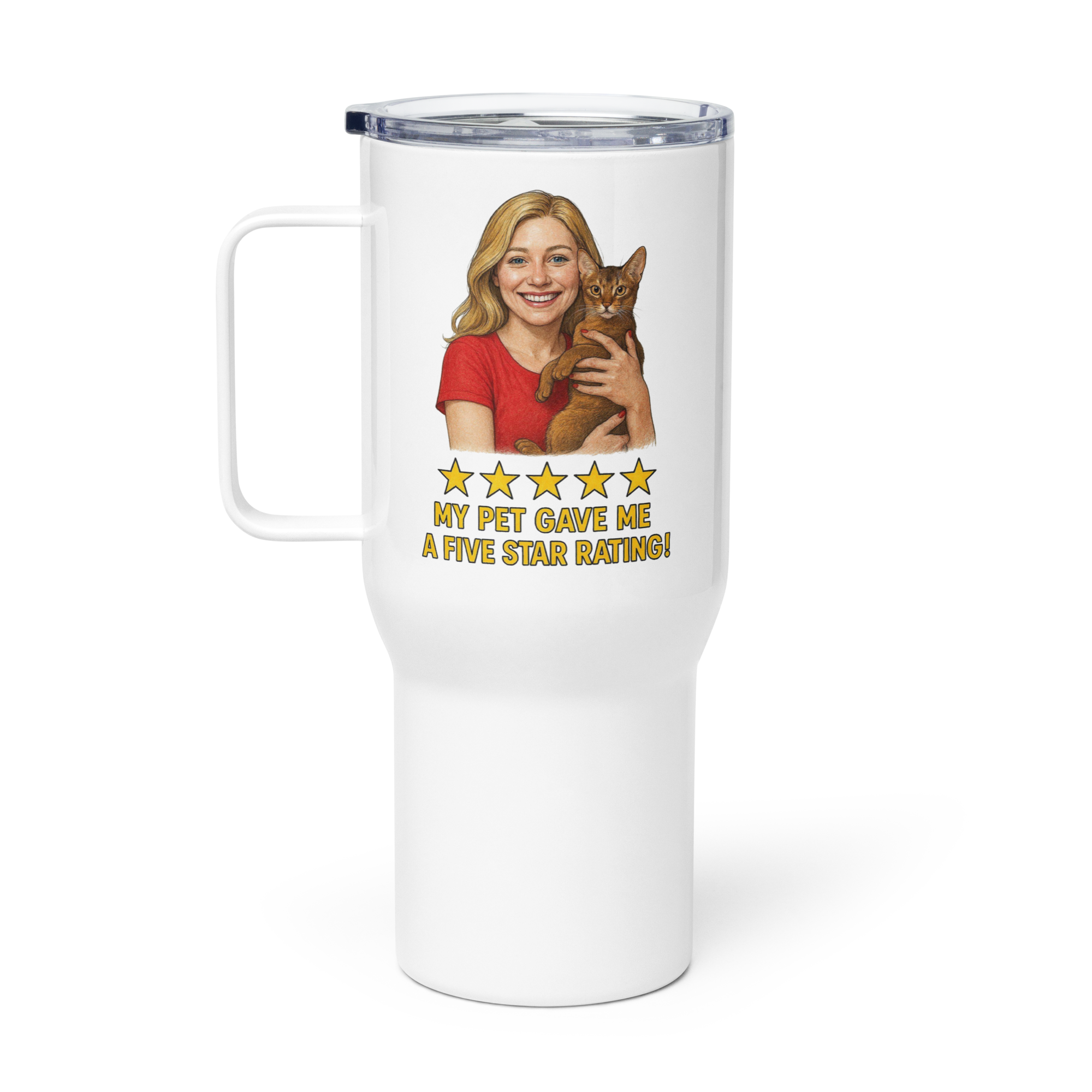 Blonde Woman RED Shirt with Abyssinian Cat Travel Mug