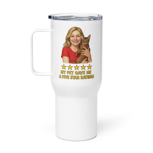 Blonde Woman RED Shirt with Abyssinian Cat Travel Mug