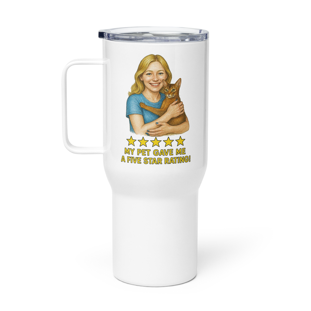 Blonde Woman BLUE Shirt with Abyssinian Cat Travel Mug