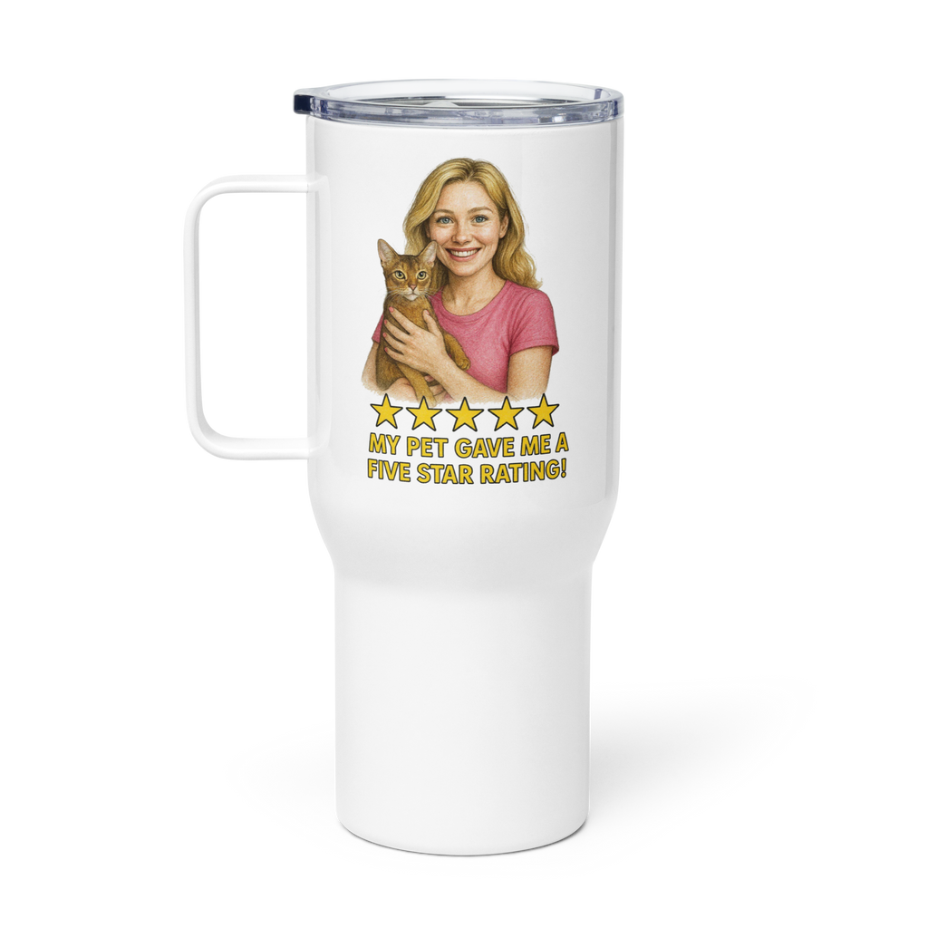 Blonde Woman PINK Shirt with Abyssinian Cat Travel Mug