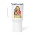 Blonde Woman PINK Shirt with Abyssinian Cat Travel Mug