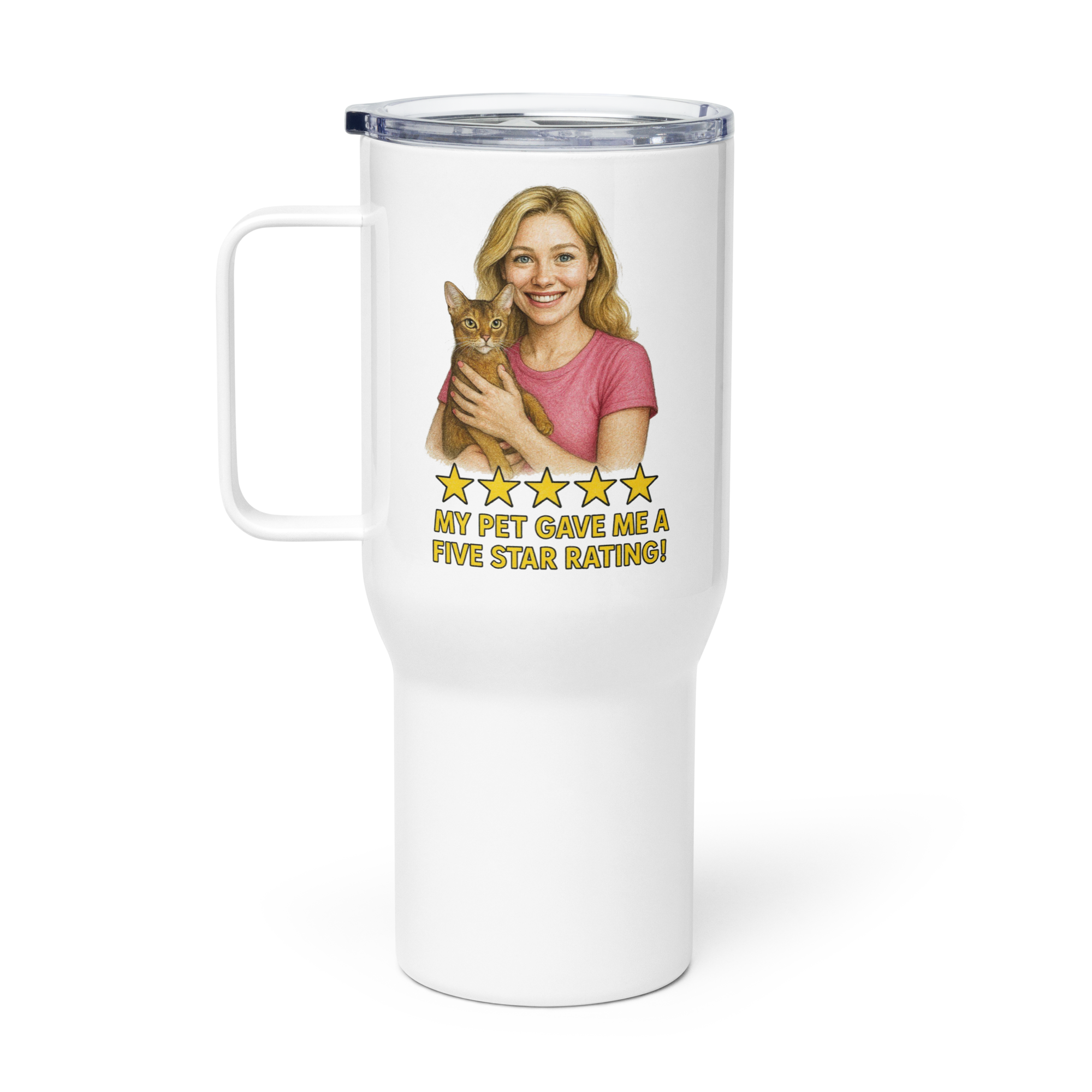 Blonde Woman PINK Shirt with Abyssinian Cat Travel Mug