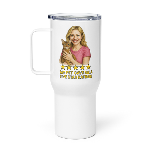 Blonde Woman PINK Shirt with Abyssinian Cat Travel Mug