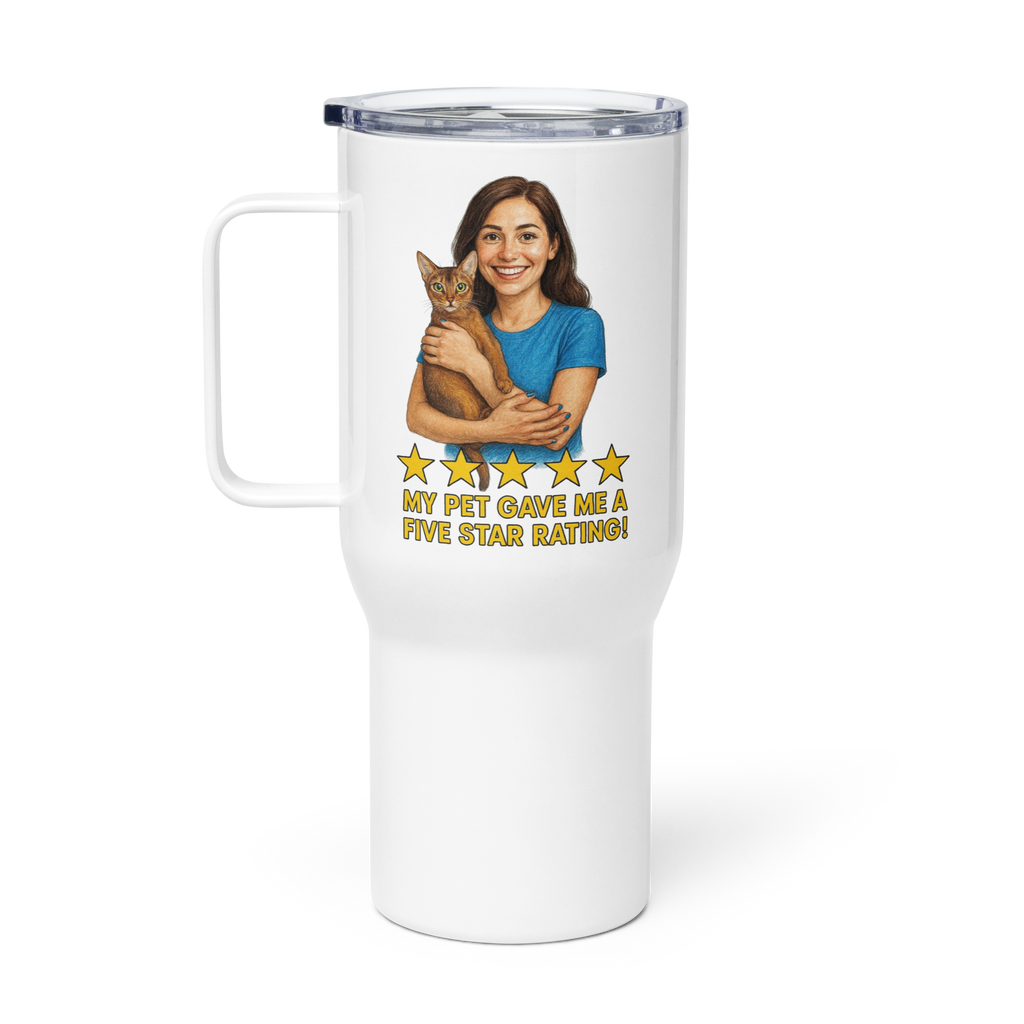 Brunette Woman BLUE Shirt with Abyssinian Cat Travel Mug