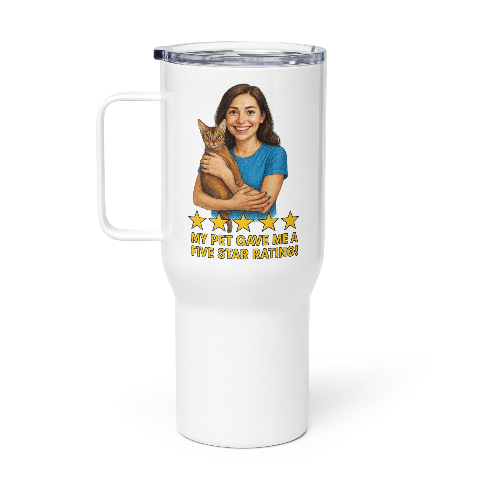 Brunette Woman BLUE Shirt with Abyssinian Cat Travel Mug