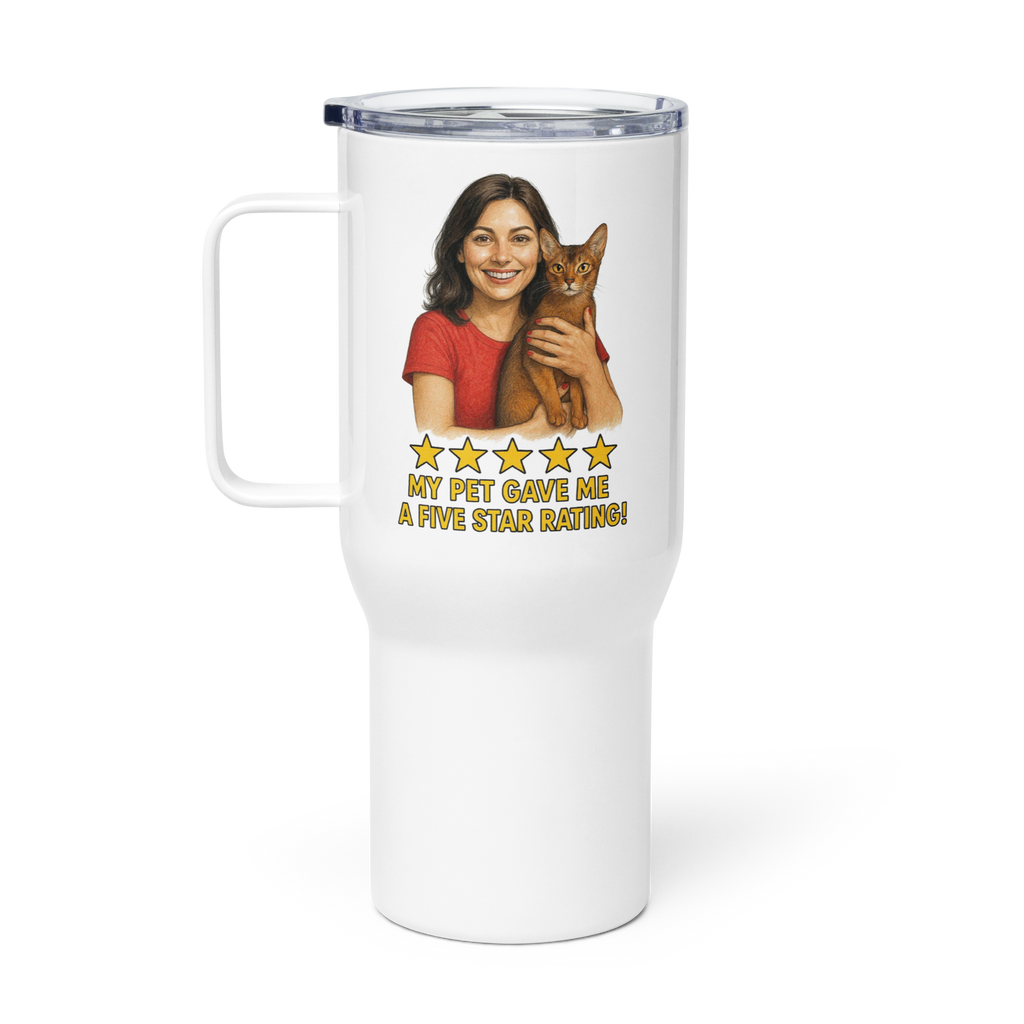 Brunette Woman PINK Shirt with Abyssinian Cat Travel Mug