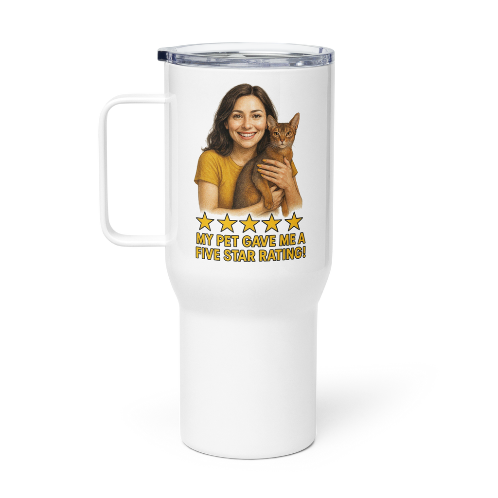 Brunette Woman GOLD Shirt with Abyssinian Cat Travel Mug