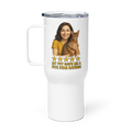 Brunette Woman GOLD Shirt with Abyssinian Cat Travel Mug