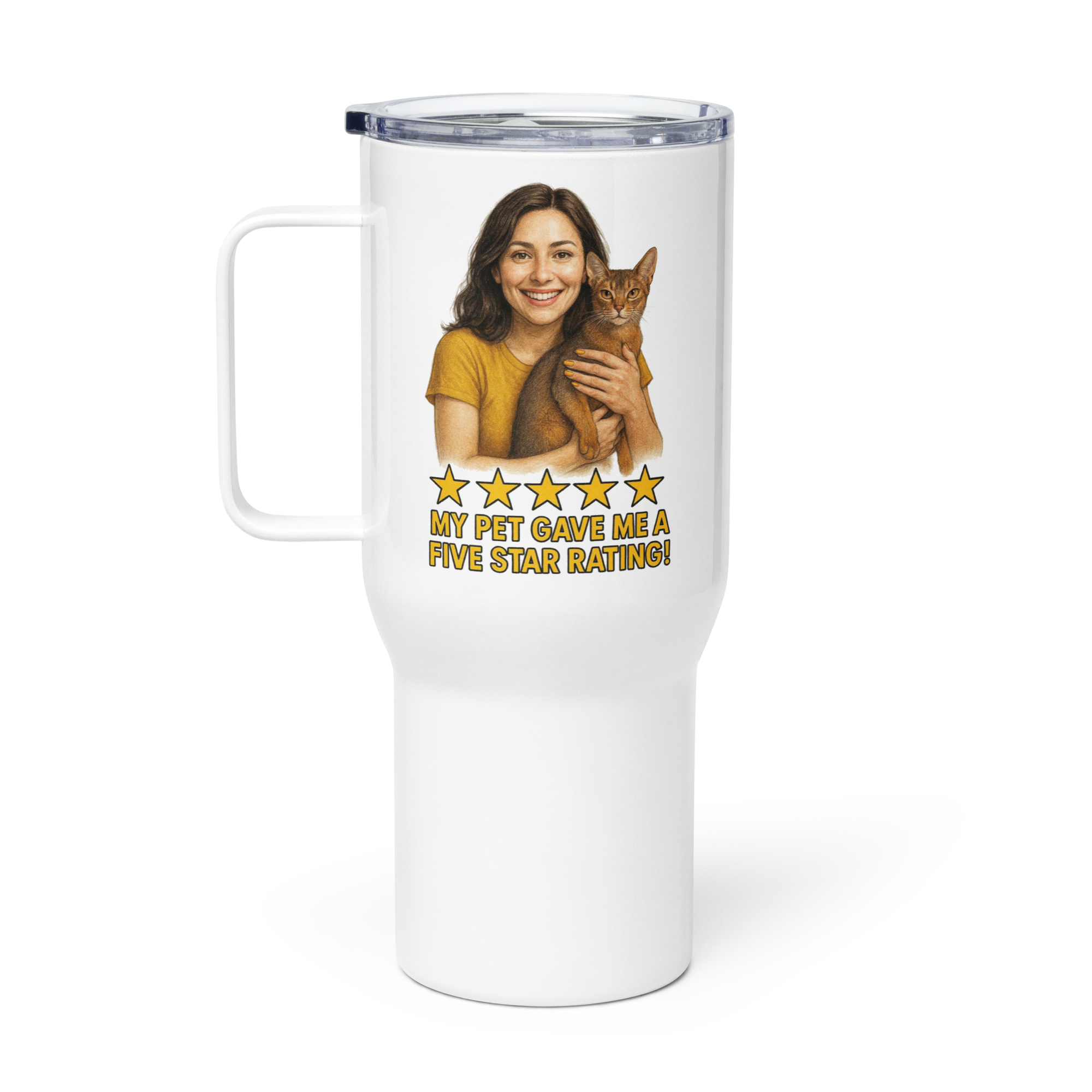 Brunette Woman GOLD Shirt with Abyssinian Cat Travel Mug