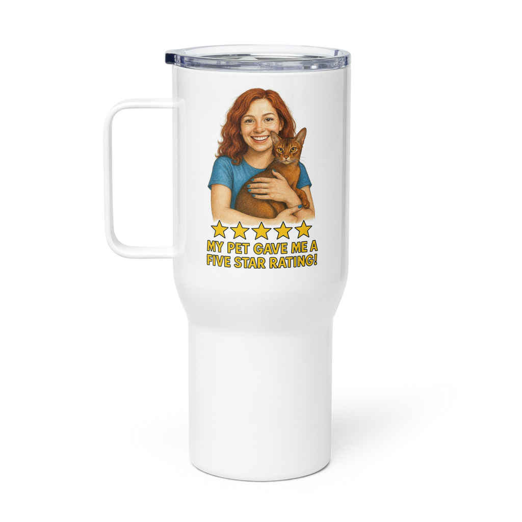 Red Hair Woman BLUE Shirt with Abyssinian Cat Travel Mug