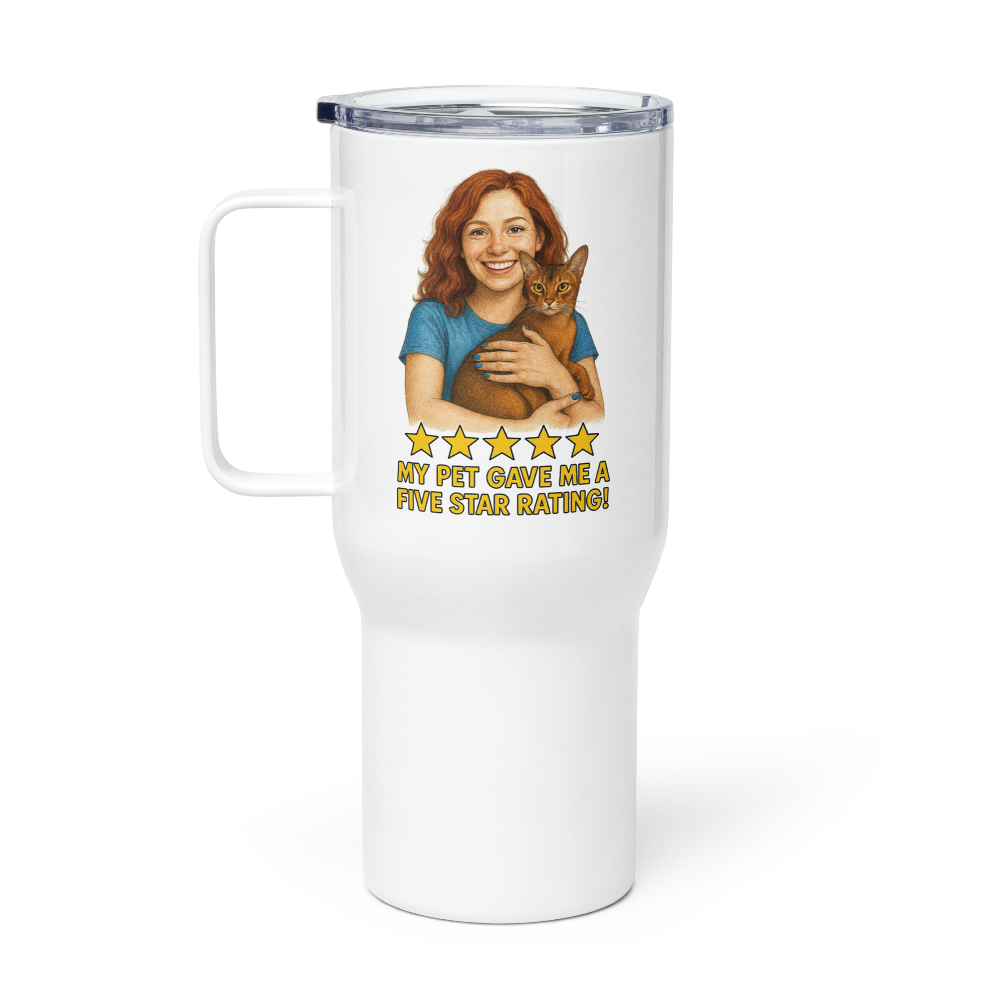 Red Hair Woman BLUE Shirt with Abyssinian Cat Travel Mug