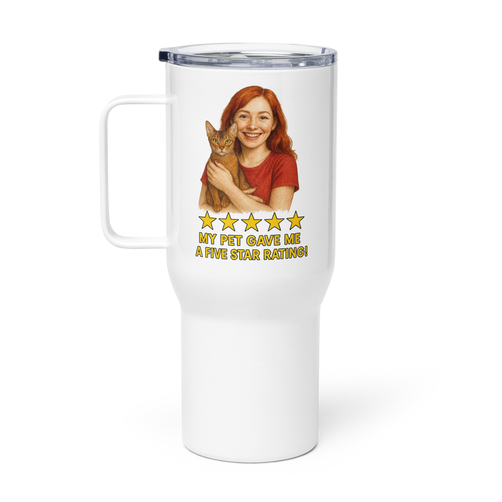 Red Hair Woman RED Shirt with Abyssinian Cat Travel Mug