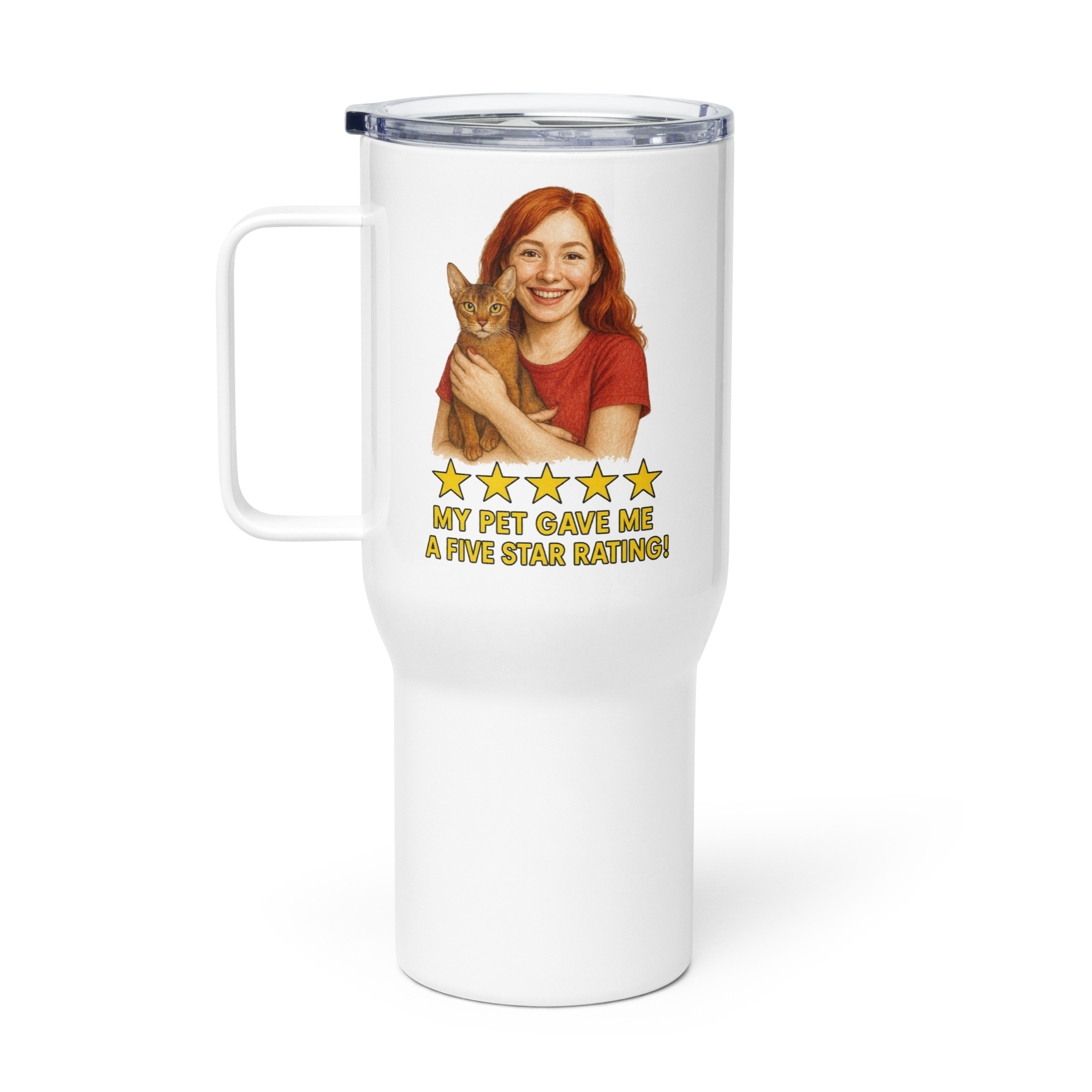 Red Hair Woman RED Shirt with Abyssinian Cat Travel Mug