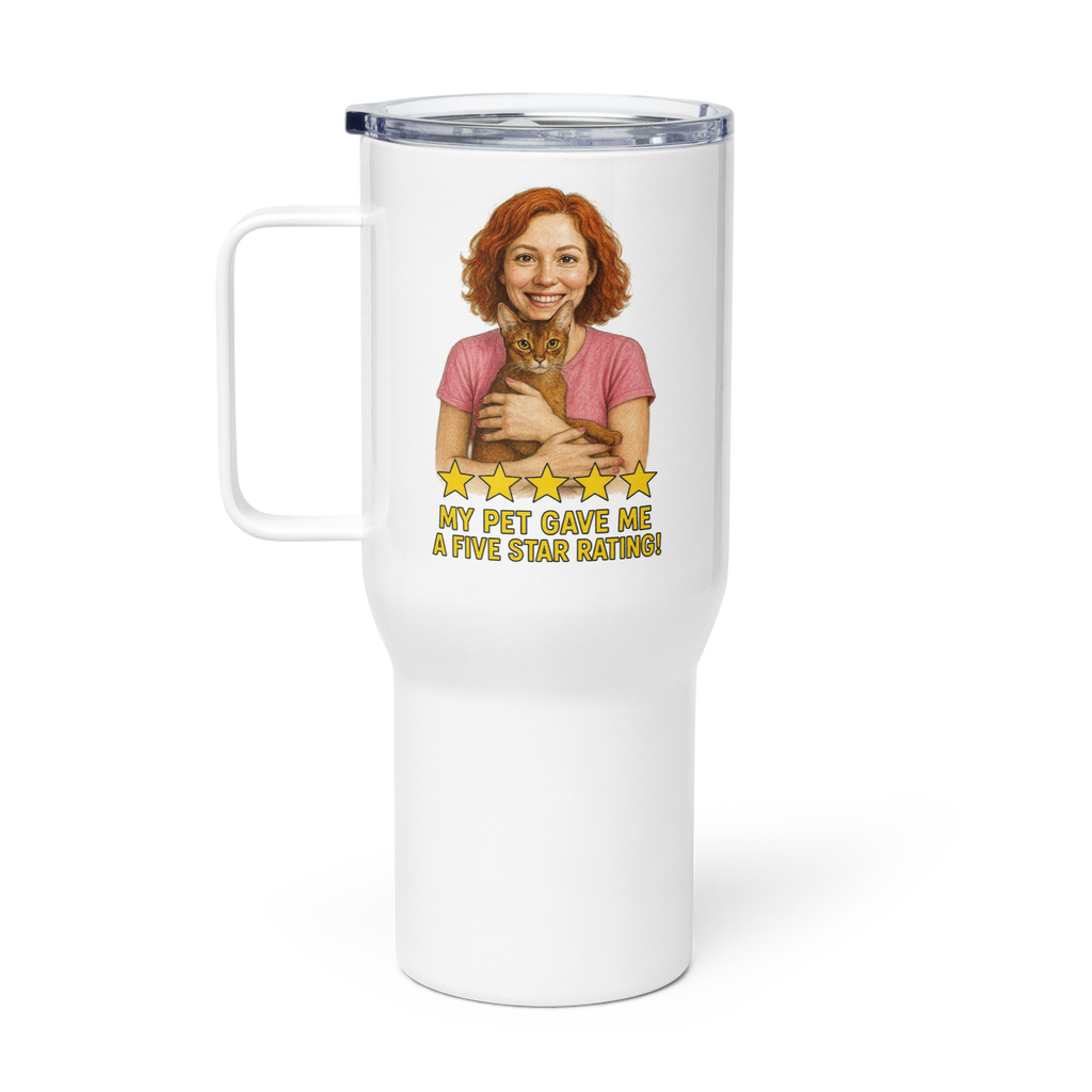 Red Hair Woman PINK Shirt with Abyssinian Cat Travel Mug
