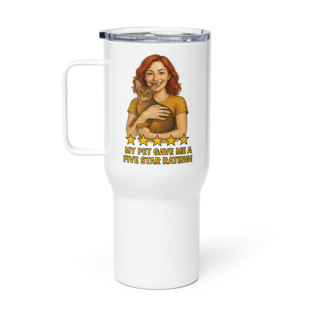 Red Hair Woman GOLD Shirt with Abyssinian Cat Travel Mug