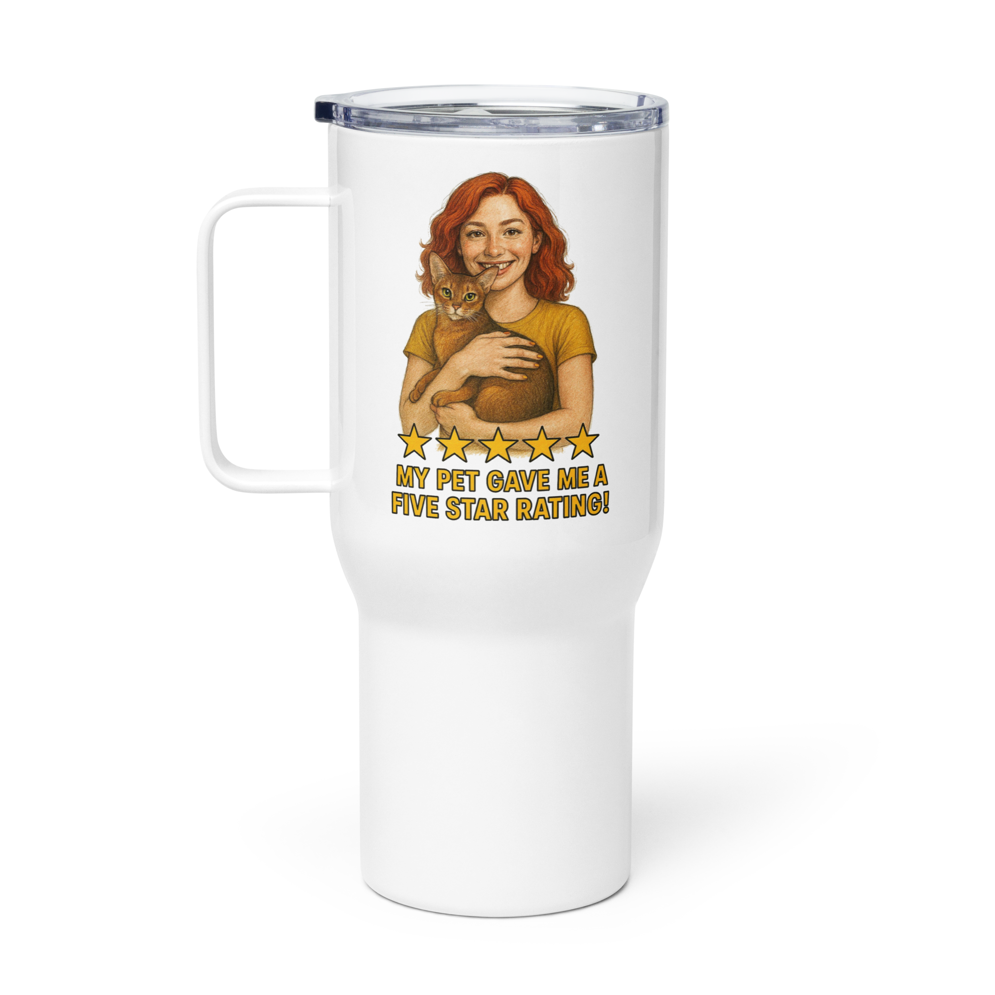 Red Hair Woman GOLD Shirt with Abyssinian Cat Travel Mug