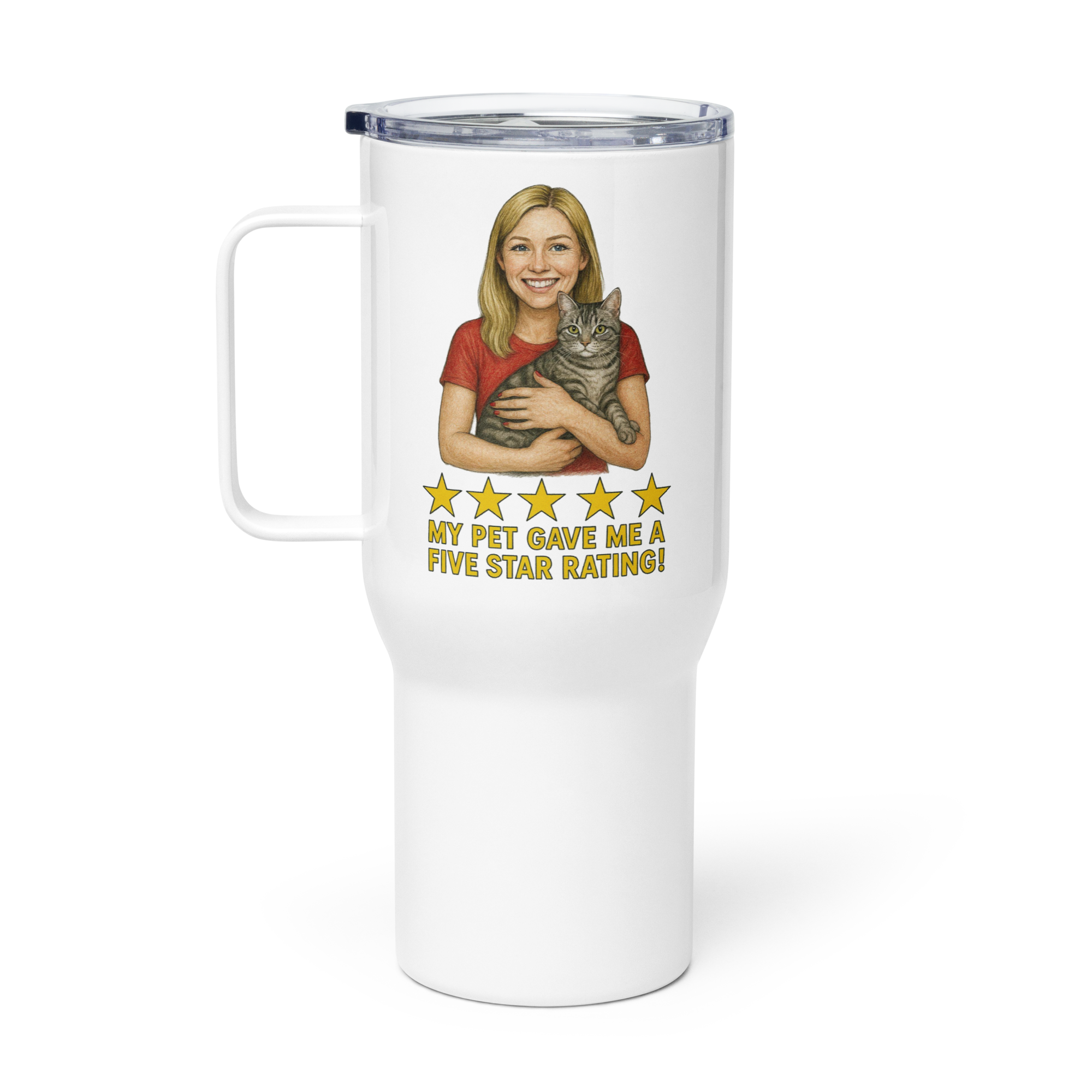 Blonde Woman RED Shirt with American Shorthair Cat Travel Mug