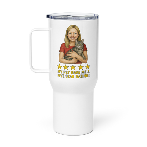Blonde Woman RED Shirt with American Shorthair Cat Travel Mug