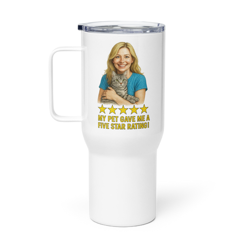 Blonde Woman BLUE Shirt with American Shorthair Travel Mug