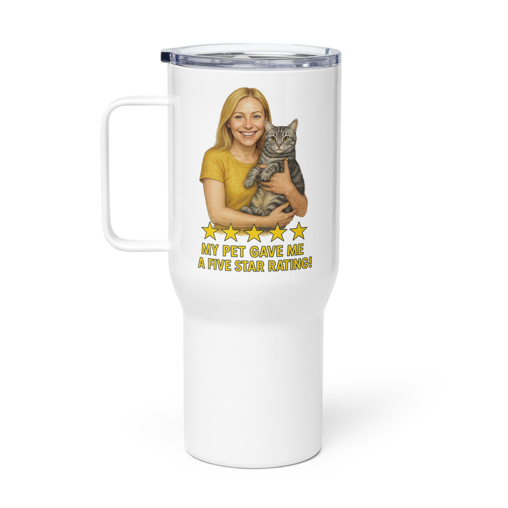 Blonde Woman GOLD Shirt with American Shorthair Cat Travel Mug