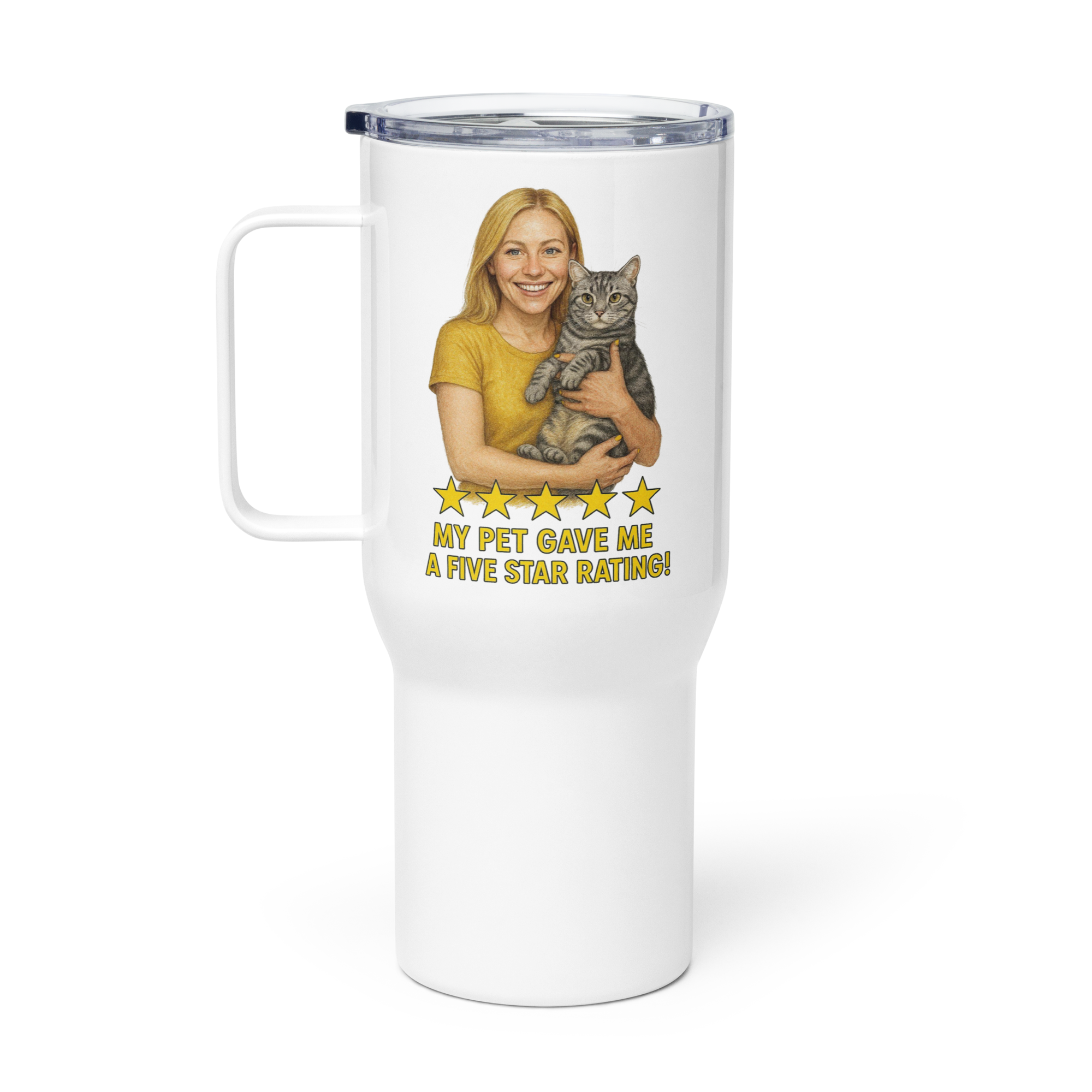 Blonde Woman GOLD Shirt with American Shorthair Cat Travel Mug